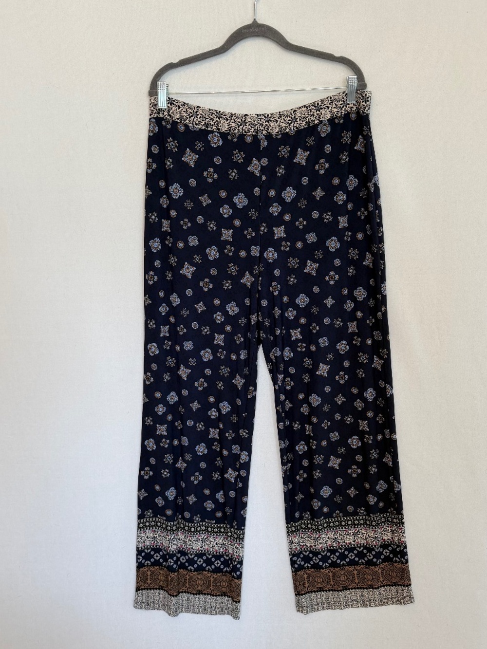 SUSAN GRAVER Women’s Large Blue Floral Color Block Print Pull On Wide Leg Pants